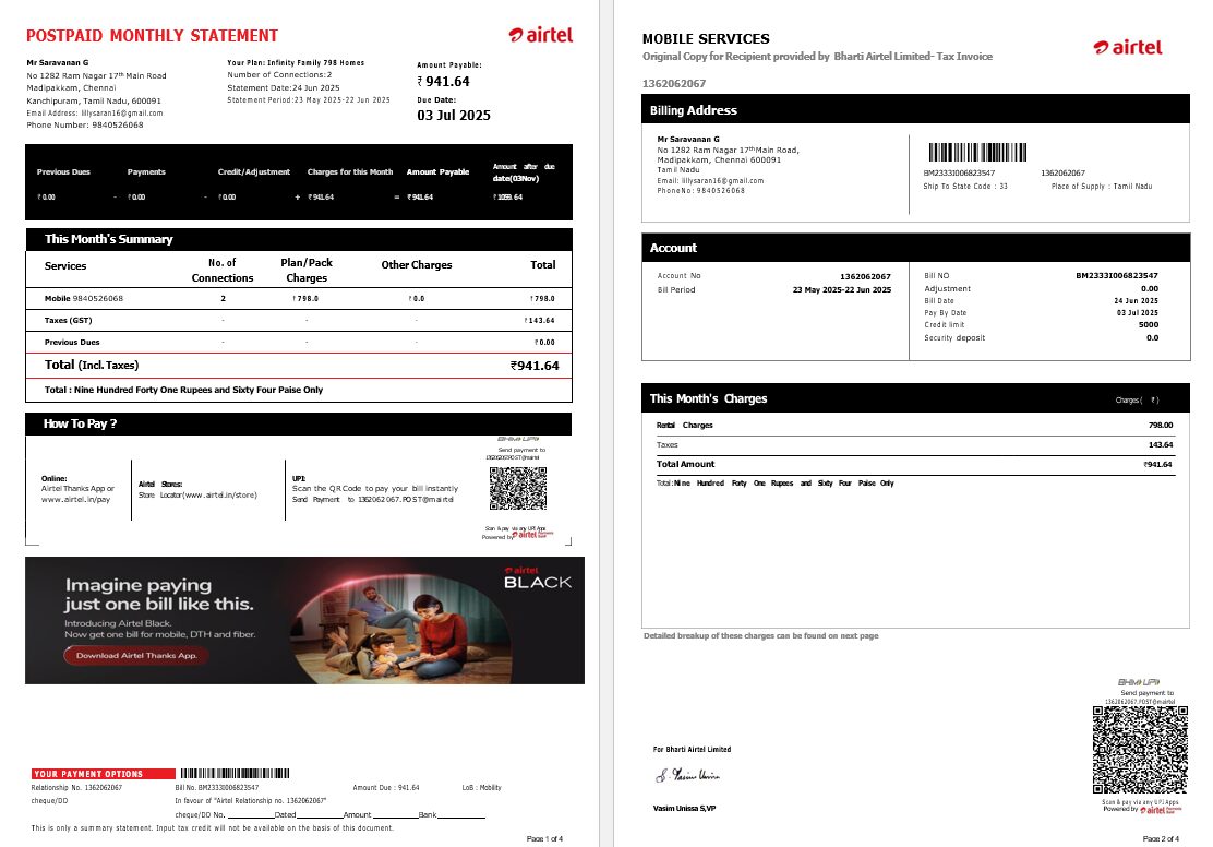 Airtel Limited (Airtel) mobile tax invoice Word and PDF template
