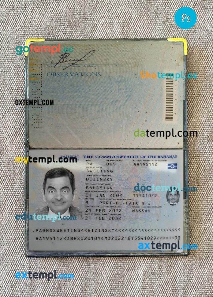 Bahamas passport PSD files with address page, scan and photo-realistic look, 2022-present