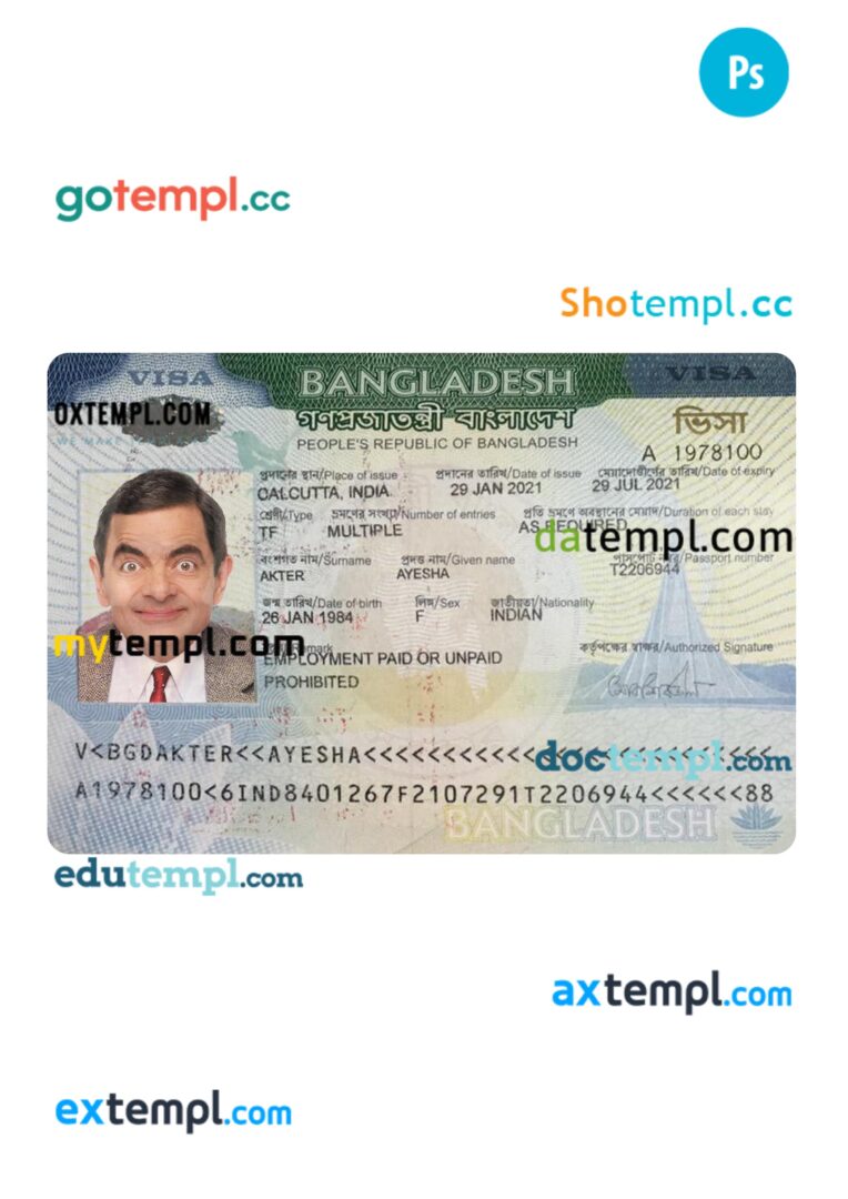 Bangladesh visa template in PSD format, 2021-present