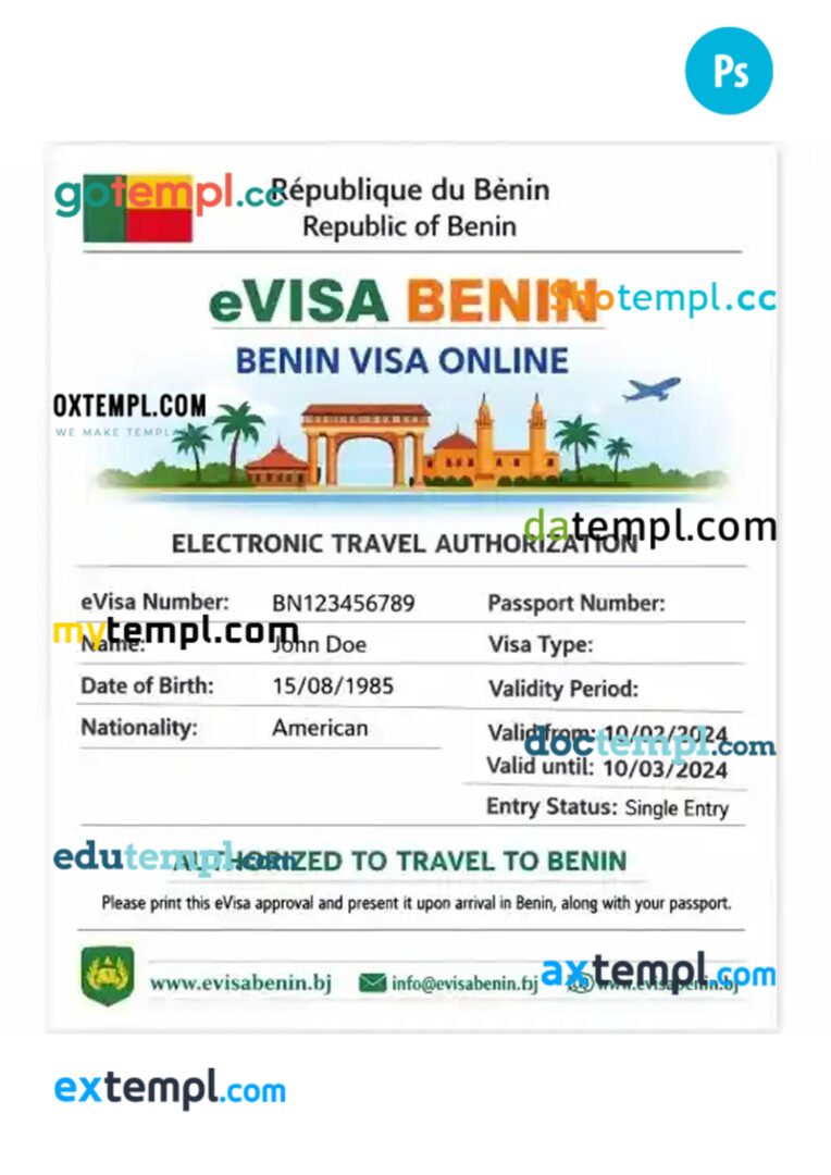 Benin e-visa template in PSD format, 2024-present