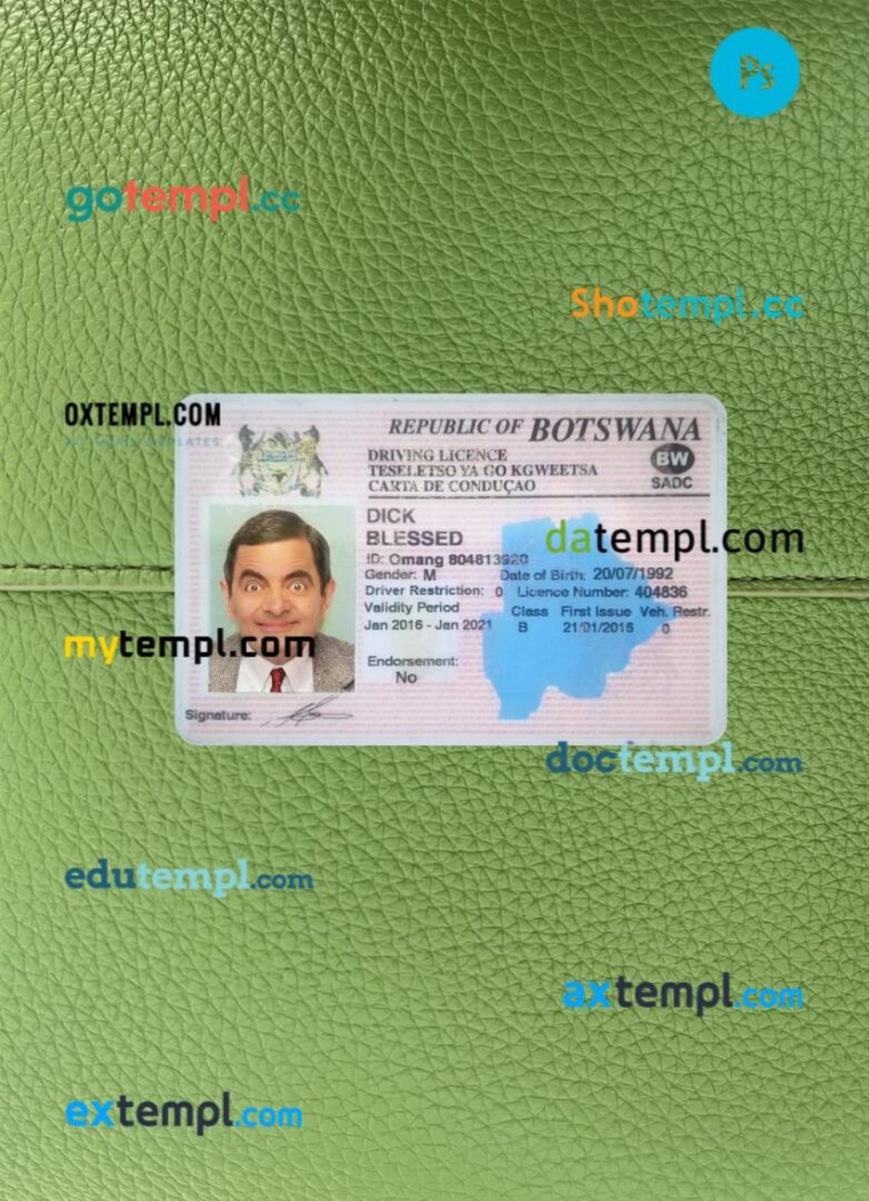 Botswana driving license PSD files, scan look and photographed image, 2 in 1, 2016-present