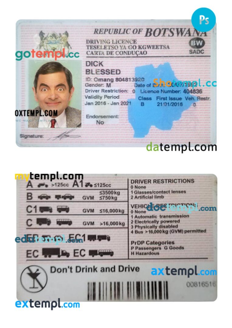 Botswana driving license PSD editable template, 2016-present