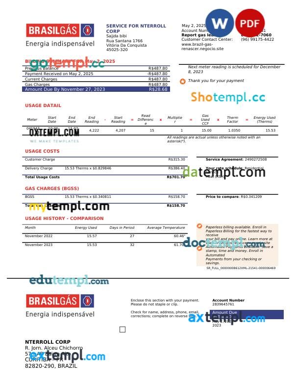 Brazil Brasilgás natural gas utility bill in Word and PDF format