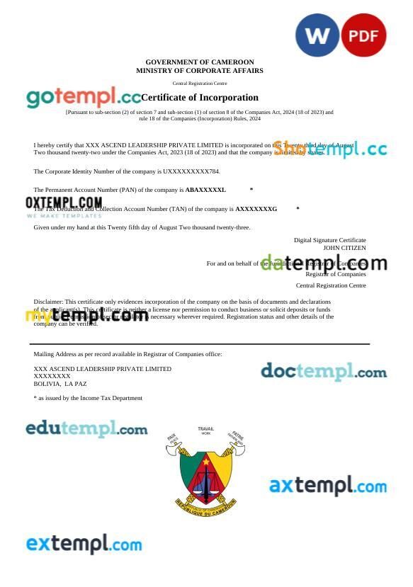 Cameroon certificate of Incorporation Word and PDF template