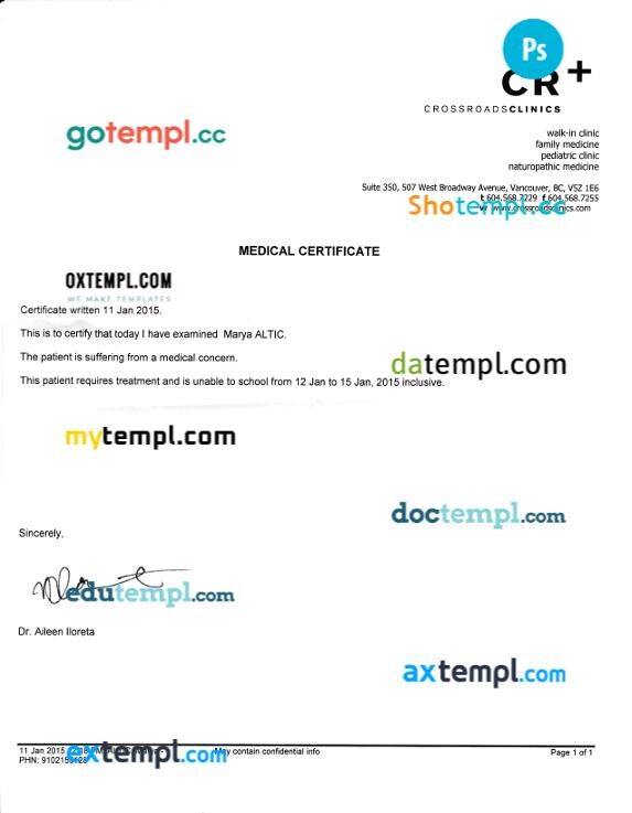 Canada CR+ Crossroads Clinics medical certificate in PSD format