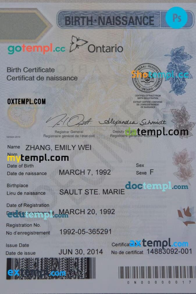 Canada Ontario death certificate in PSD format