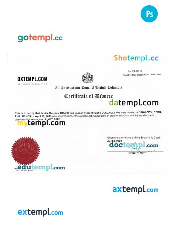 Canada Supreme Court of British Columbia certificate of divorce in PSD format Canada Supreme Court of British Columbia certificate of divorce in PSD format