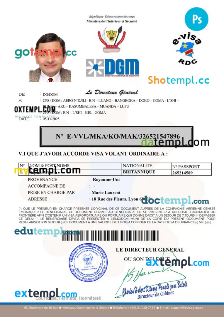 Congo e-visa template in PSD format, 2025-present
