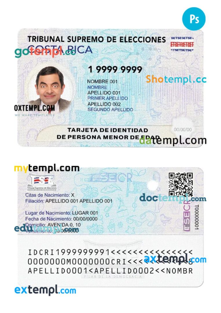 Costa Rica ID card PSD template, new version