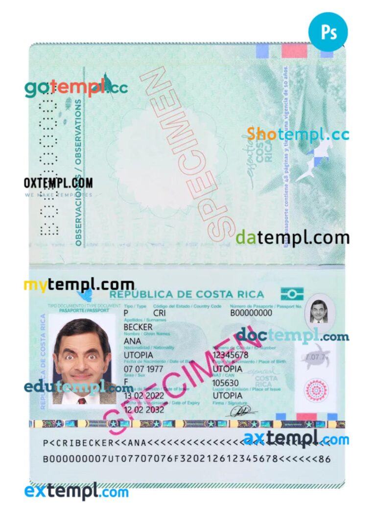 Costa Rica passport PSD template, 2022-present