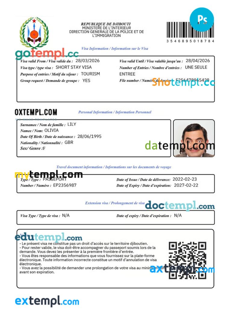 Djibouti e-visa template in PSD format, 2022-present