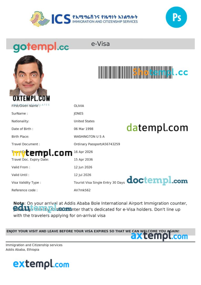 Ethiopia e-visa template in PSD format, 2026-present