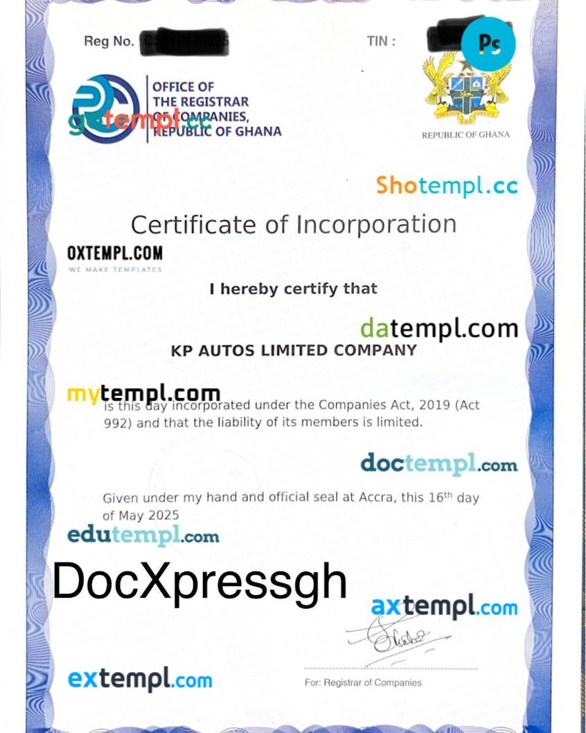 Ghana certificate of Incorporation PSD template