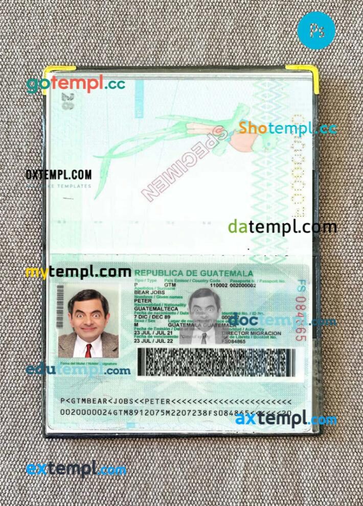 Guatemala passport PSD files with address page, scan and photo-realistic look, 2021-present