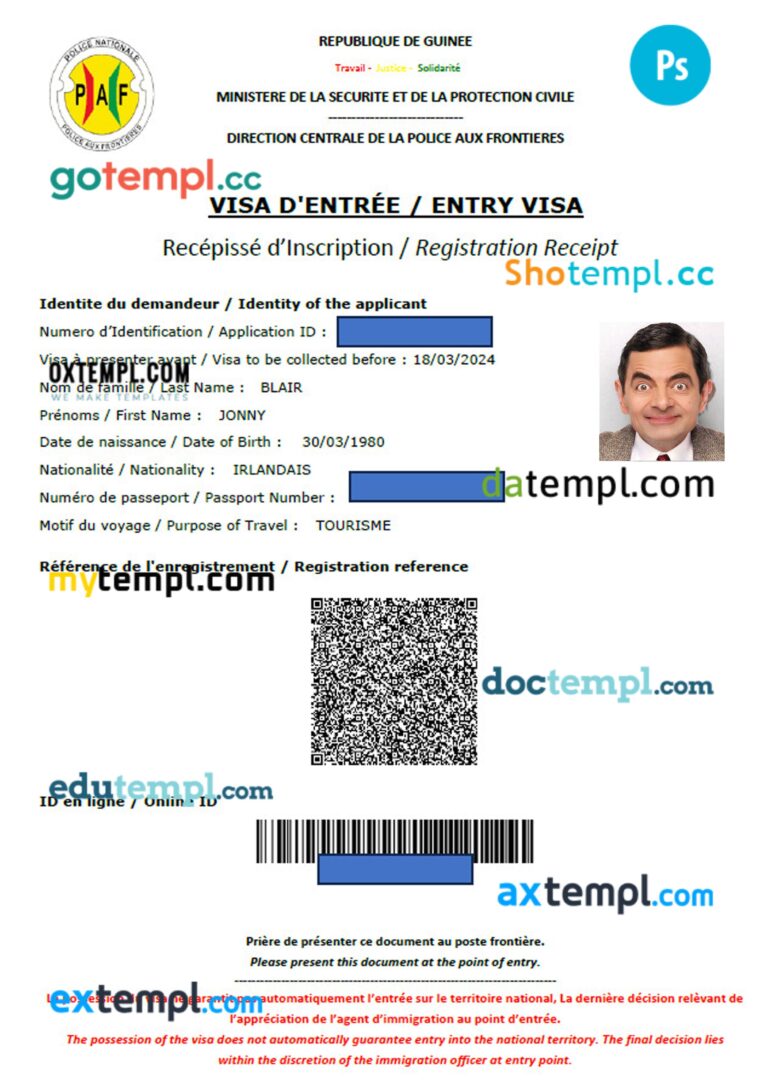 Guinea e-visa template in PSD format, 2024-present Guinea e-visa template in PSD format, 2024-present