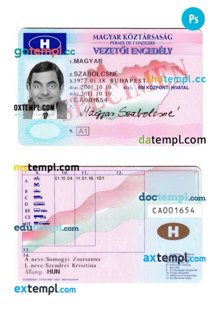 Hungary driving license PSD editable template, version 3
