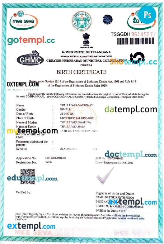 India Government of Telangana birth certificate in PSD format India Government of Telangana birth certificate in PSD format