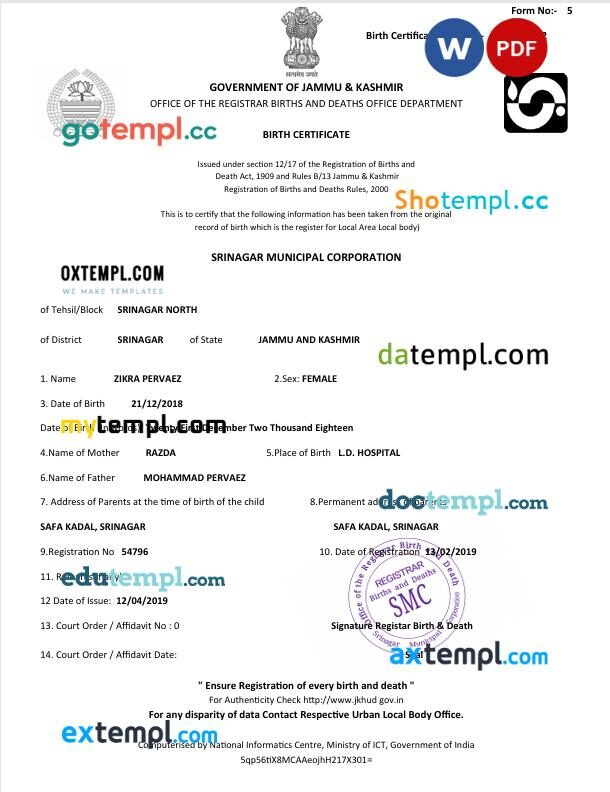 India Jammu & Kashmir birth certificate in Word and PDF format