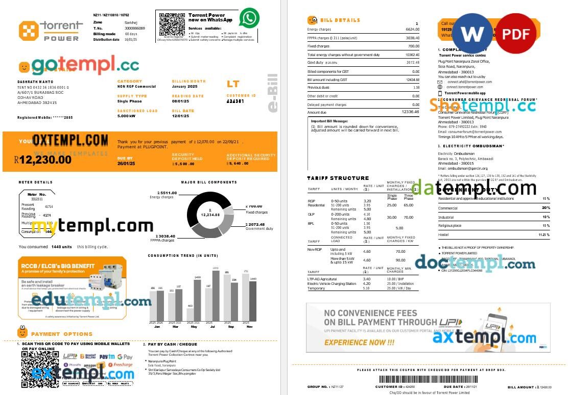 India Torrent Power electricity utility bill in Word and PDF format