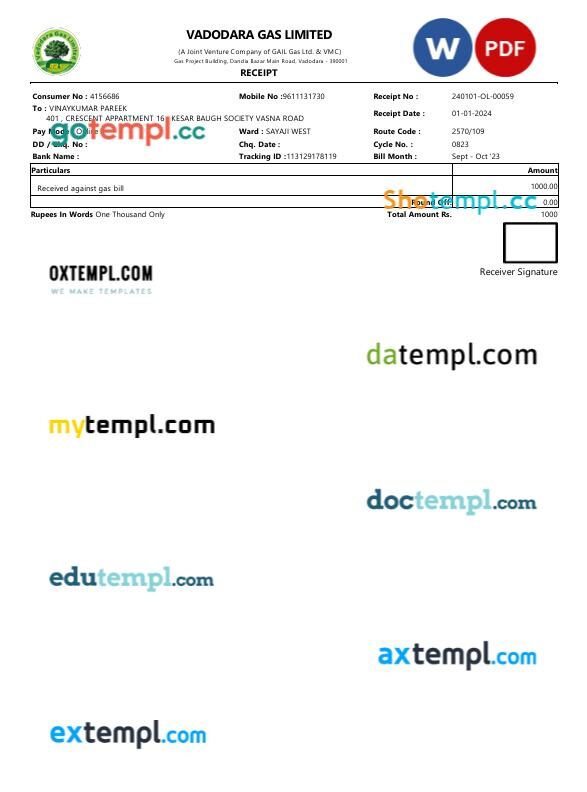 India VADODARA GAS LIMITED Gas bill payment receipt PSD template