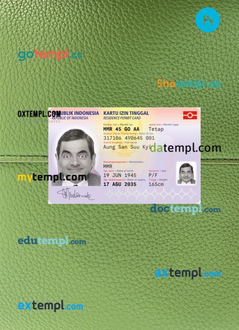 Indonesia residence permit PSD files, scan look and photo-realistic look, 2 in 1