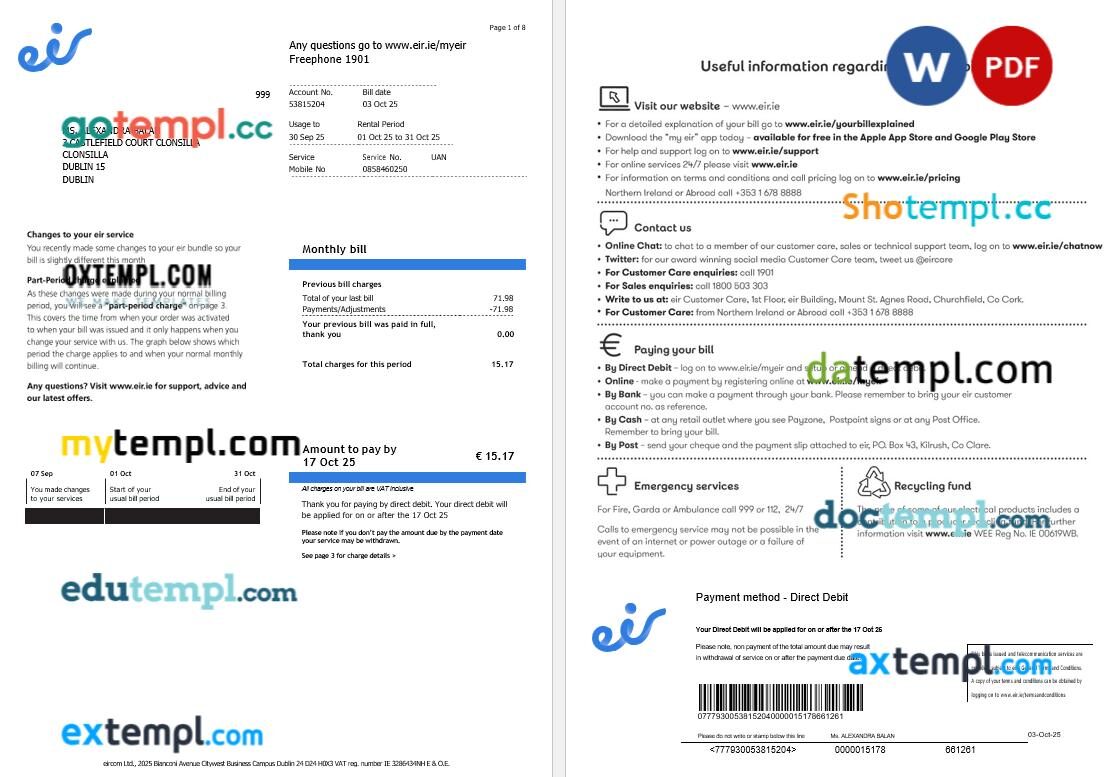 Ireland Eir mobile telecom utility bill in Word and PDF format, 8 pages