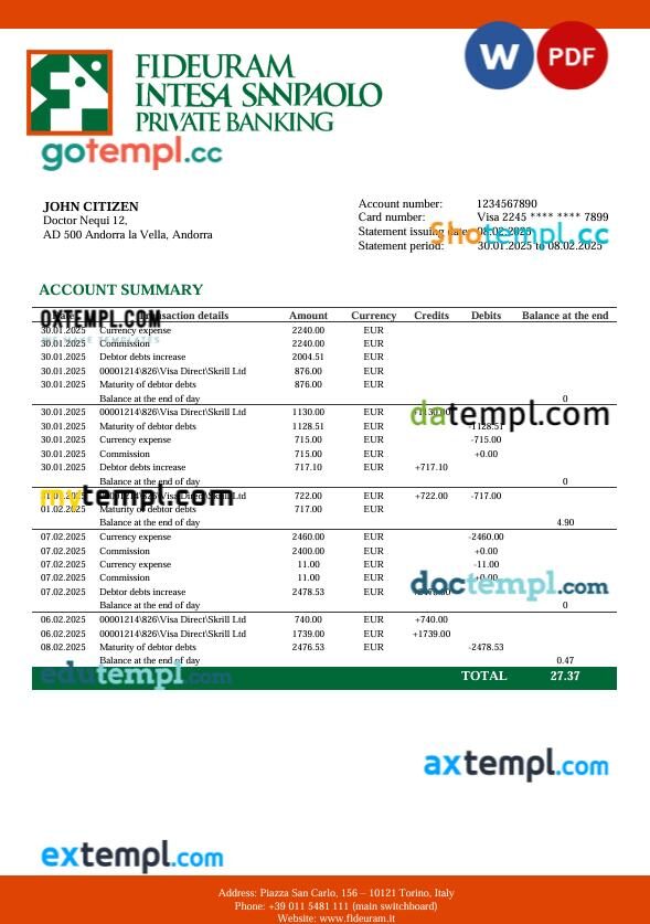 Italy Fideuram bank statement template in Word and PDF format