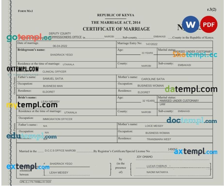Kenya Civil Registration certificate of marriage in Word and PDF format Kenya Civil Registration certificate of marriage in Word and PDF format