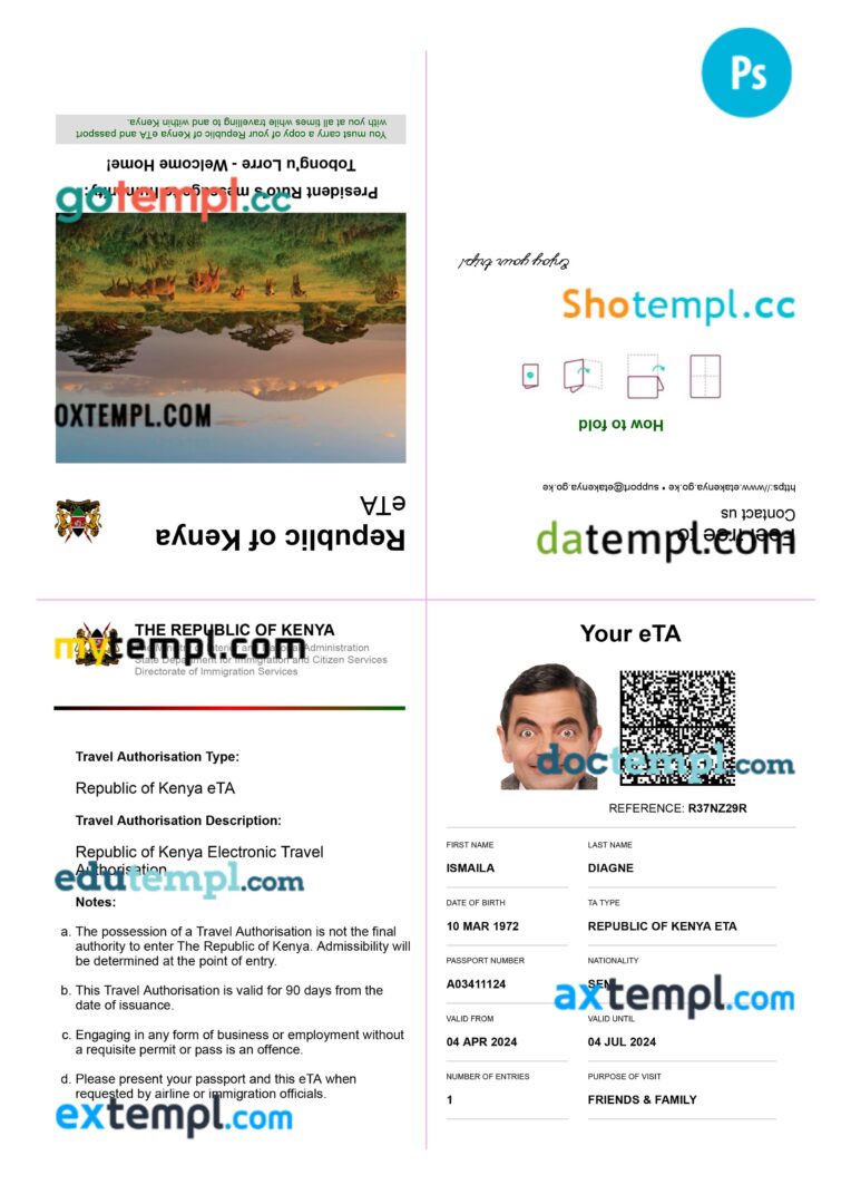 Kenya e-visa template in PSD format, 2024-present Kenya e-visa template in PSD format, 2024-present