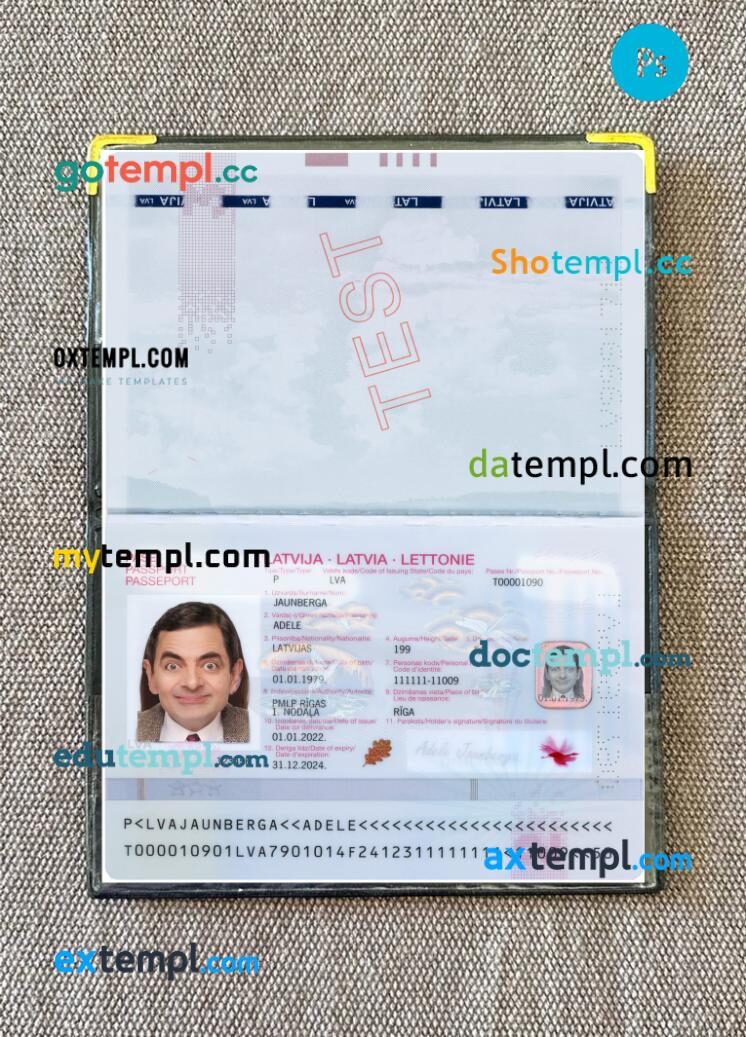 Latvia passport PSD files with address page, scan and photo-realistic look, 2022-present