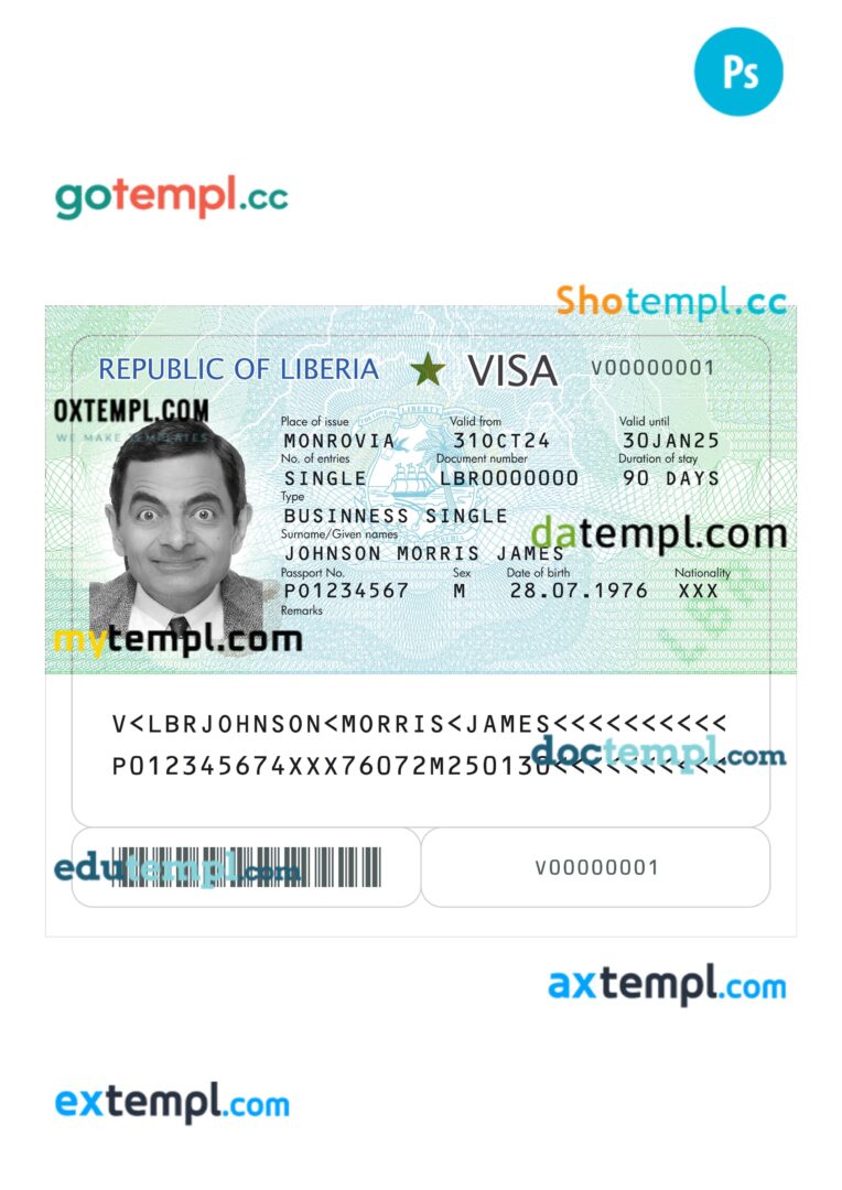 Liberia visa template in PSD format, 2024-present Liberia visa template in PSD format, 2024-present