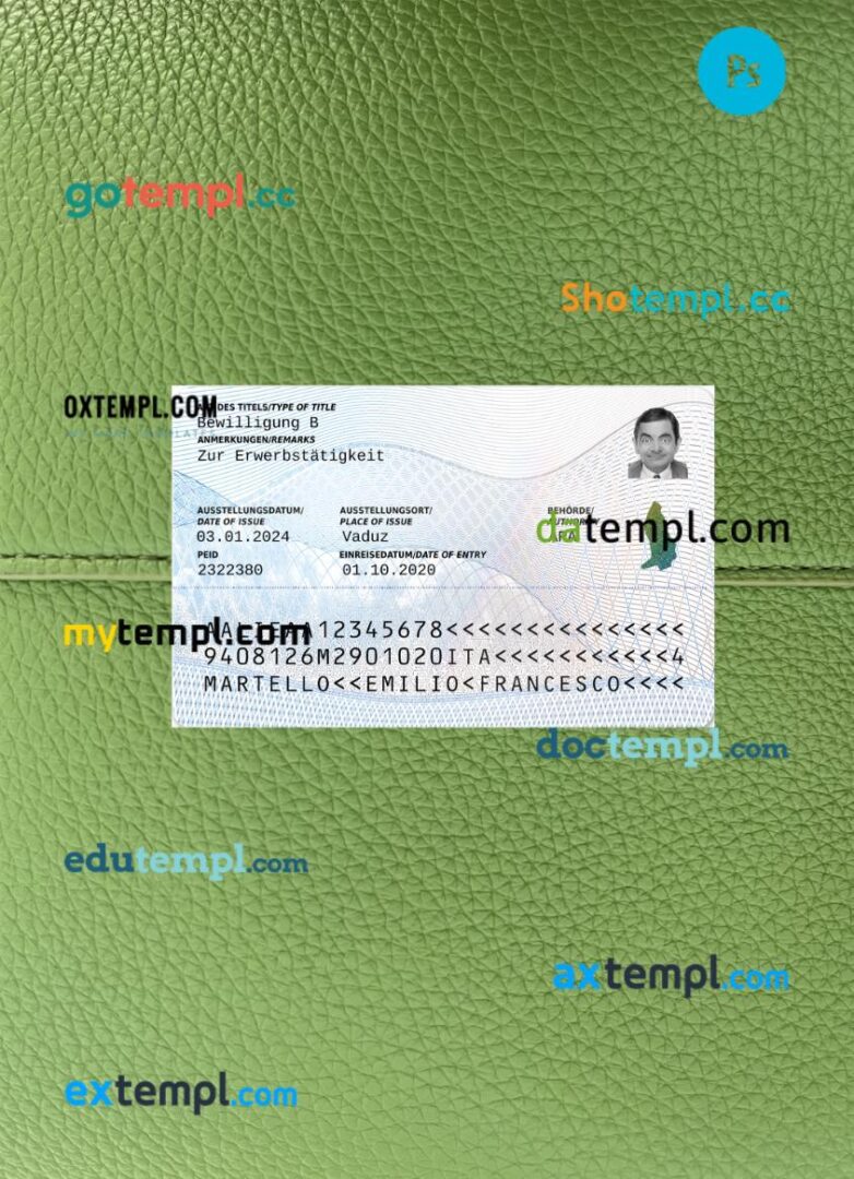 Liechtenstein residence permit PSD files, scan look and photo-realistic look, 2 in 1 Liechtenstein residence permit PSD files, scan look and photo-realistic look, 2 in 1 - Image 2