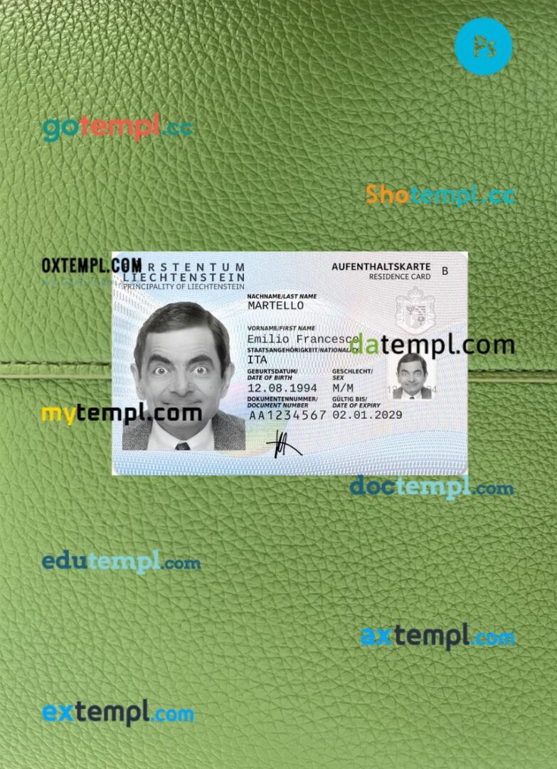 Liechtenstein residence permit PSD files, scan look and photo-realistic look, 2 in 1