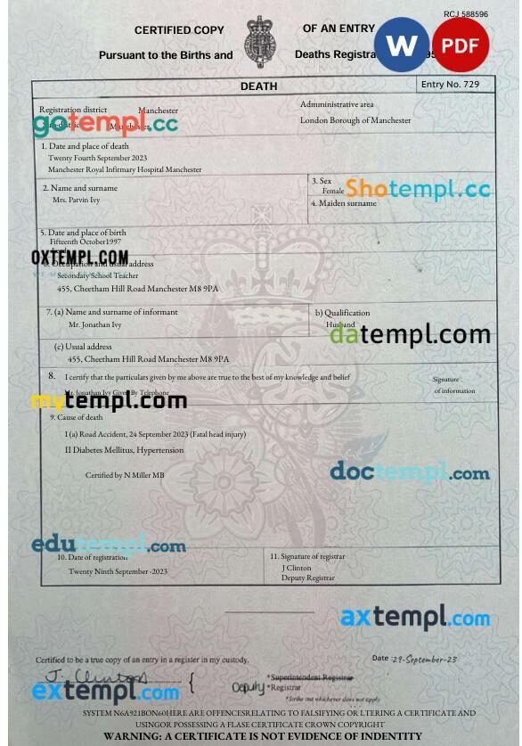London Manchester death certificate in Word and PDF format London Manchester death certificate in Word and PDF format