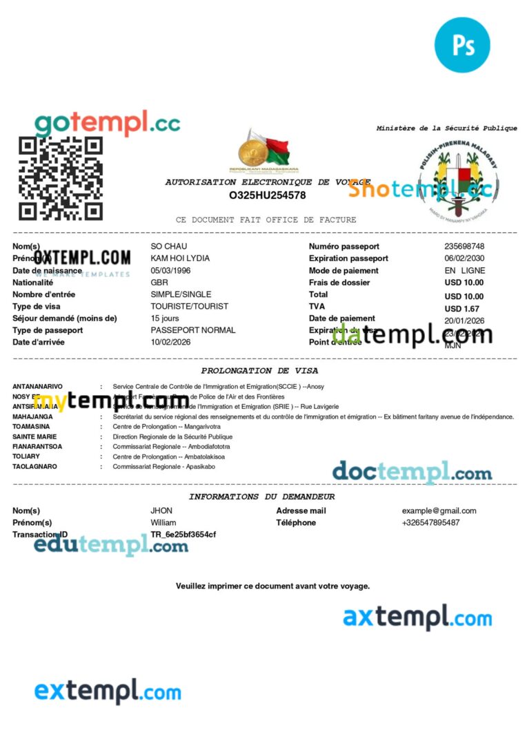Madagascar e-visa template in PSD format, 2026-present Madagascar e-visa template in PSD format, 2026-present