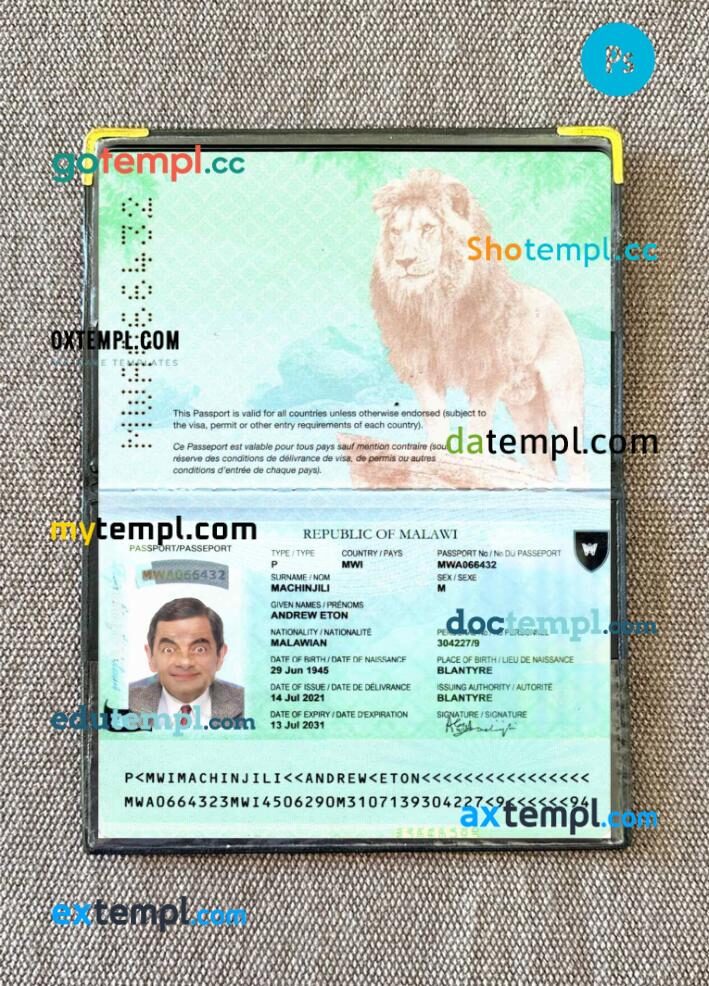 Malawi passport PSD files with address page, scan and photo-realistic look, 2021-present
