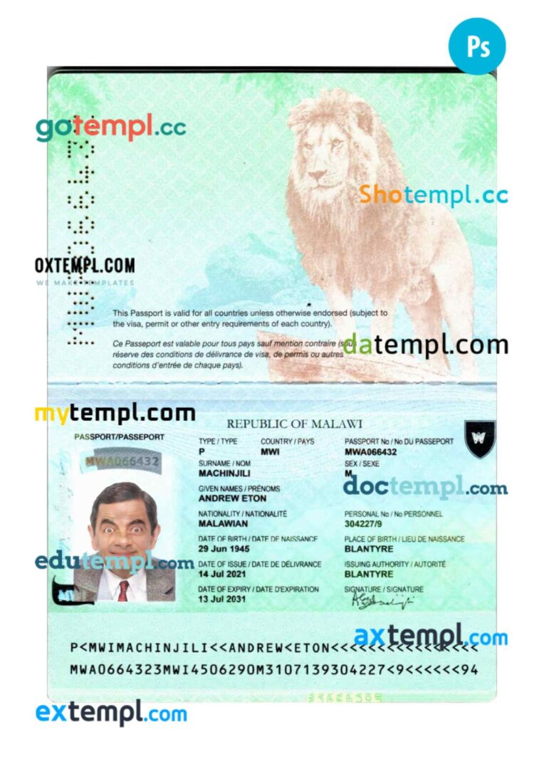 Malawi passport PSD template, 2021-present