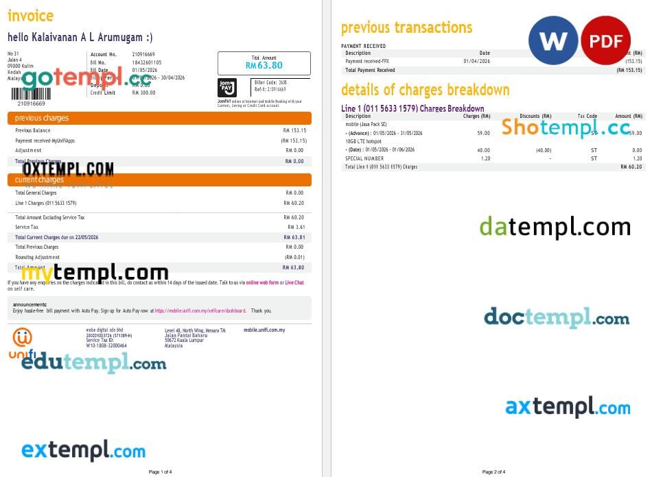 Malaysia Telekom Malaysia (Unifi) telecom utility bill in Word and PDF format