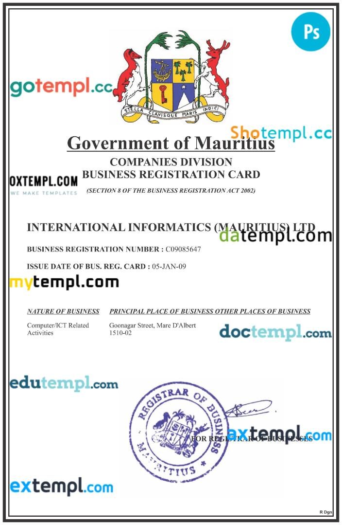 Mauritius business registration certificate PSD template