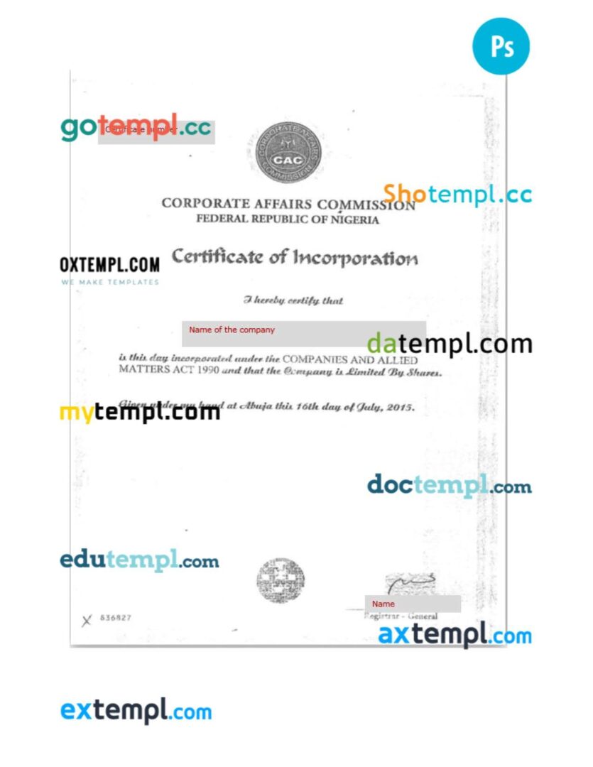 Nigeria Business Registration Certificate (Certificate of Incorporation) PSD template