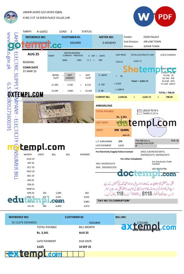 Pakistan Lahore Electric Supply Company (LESCO) electricity consumer utility bill in Word and PDF format