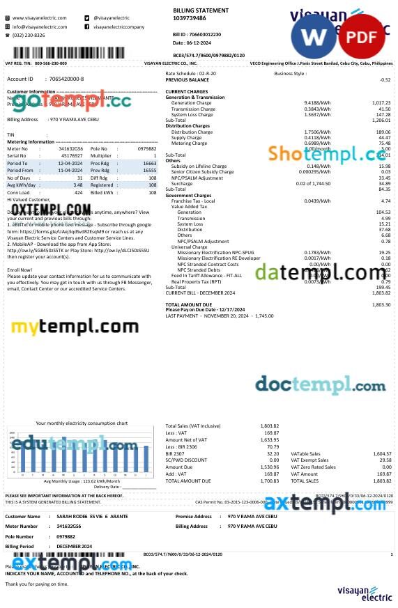 Philippines Visayan Electric utility bill in Word and PDF format
