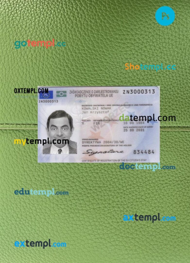 Poland residence permit PSD files, scan look and photo-realistic look, 2 in 1, 2021-present