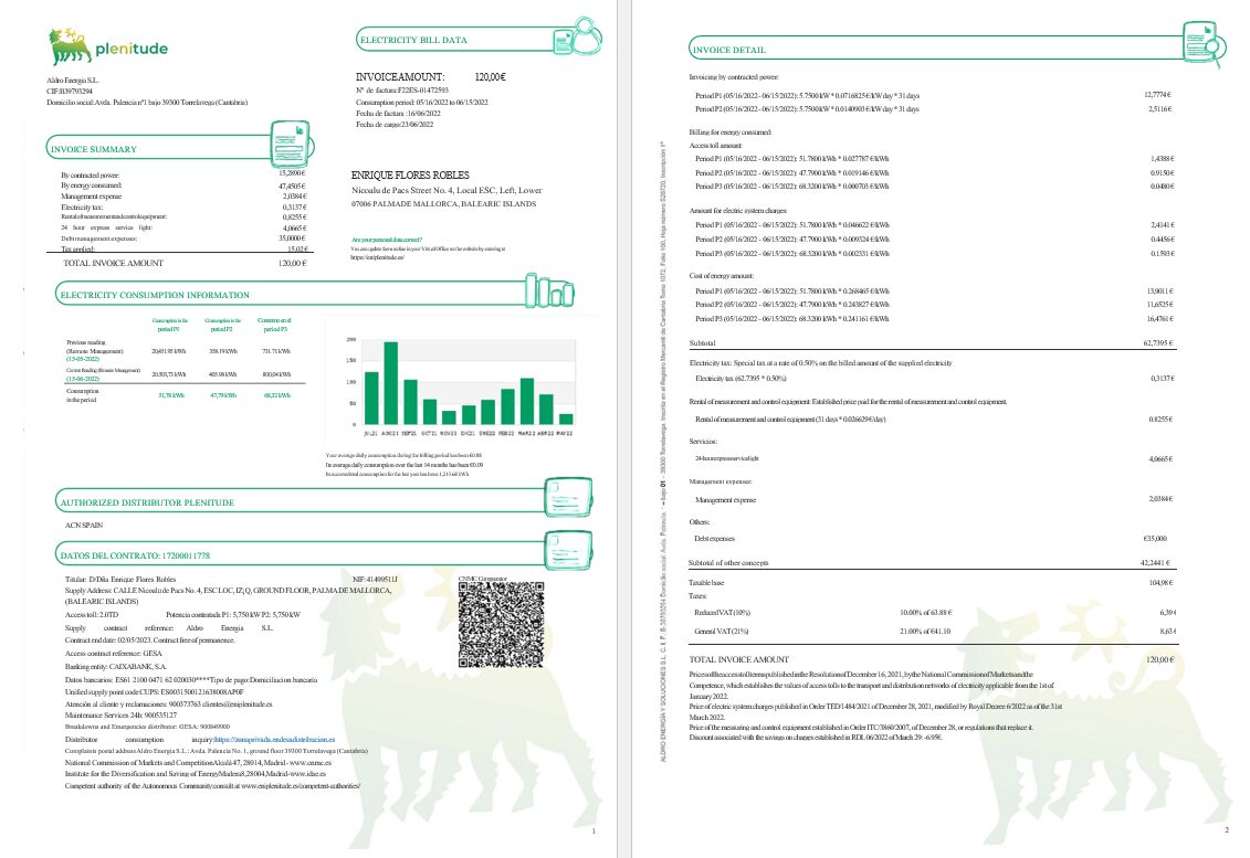 Spain Plenitude electricity utility bill in Word and PDF format