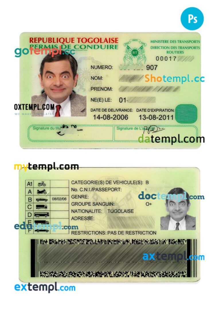 Togolaise driving license PSD editable template