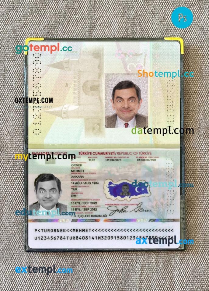 Turkey passport PSD files with address page, scan and photo-realistic look, 2022-present