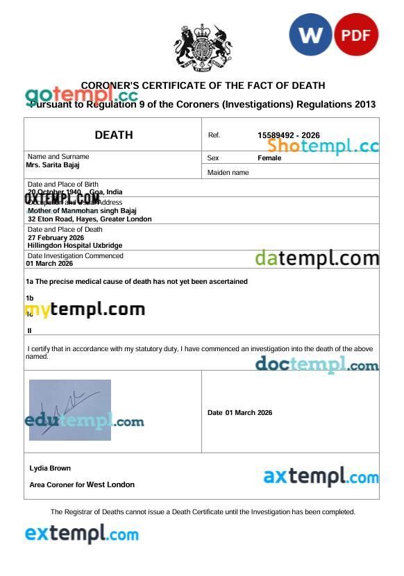 UK London Uxbridge death certificate in Word and PDF format UK London Uxbridge death certificate in Word and PDF format