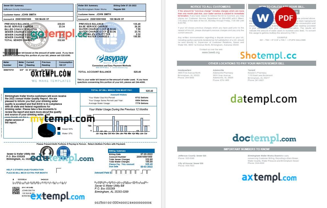 USA Alabama Birmingham water & sewer utility bill in Word and PDF format