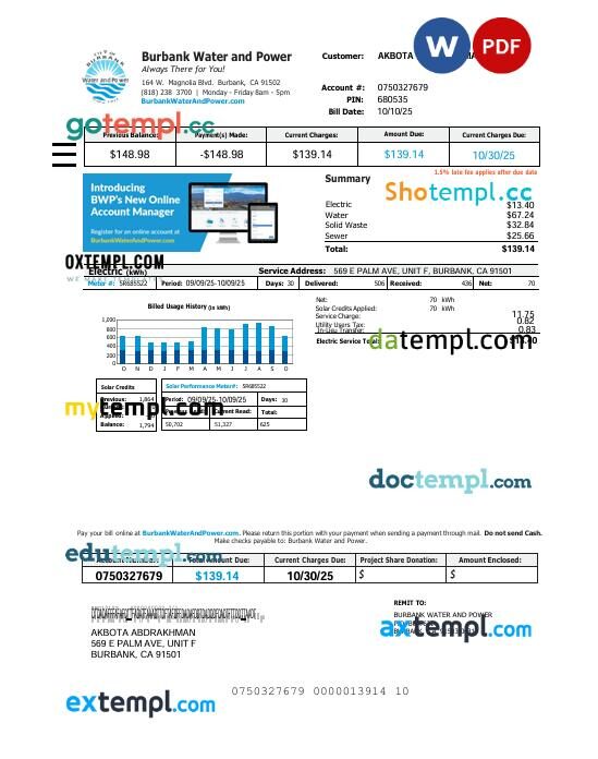 USA Burbank Water and Power utility bill in Word and PDF format