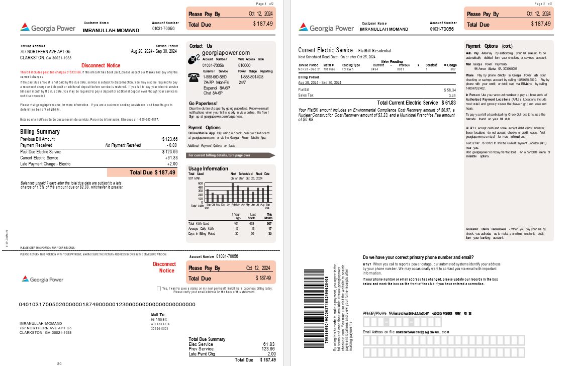 USA Georgia Power Electric utility bill in Word and PDF format